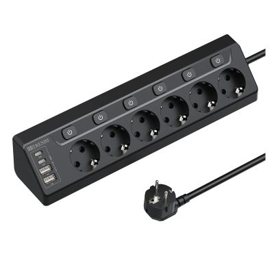6 Way European Mulit Plug Power Strip with 2 USB 2 Type C, Corner Multi-Functional Socket with 2m Cable for Home Table(6AC Black)