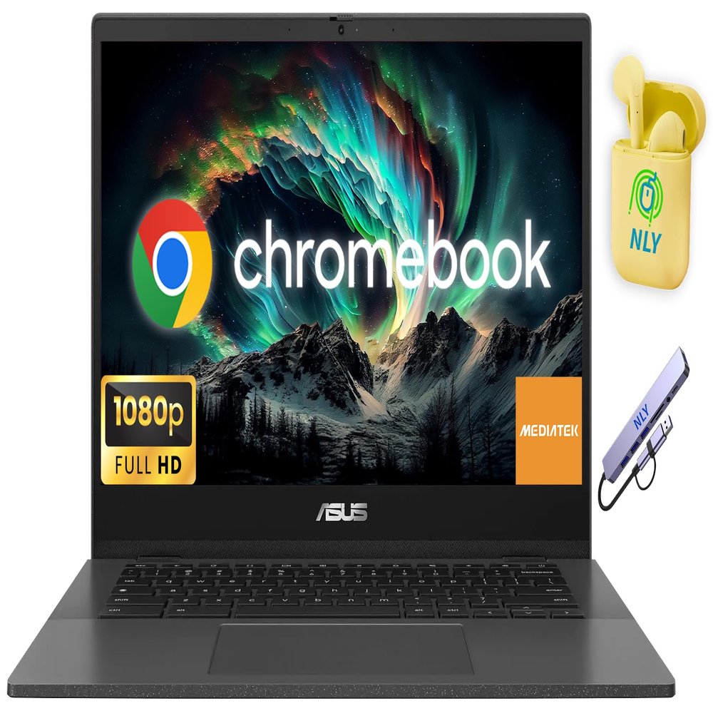 ASUS 14" FHD Thin & Light Chromebook Laptop Computer for Student Business, Chrome OS, 8-core MediaTek Kompanio 520, NLY Earphones, Gray (MediaTek Kompanio 520, 4GB RAM | 320GB Storage)