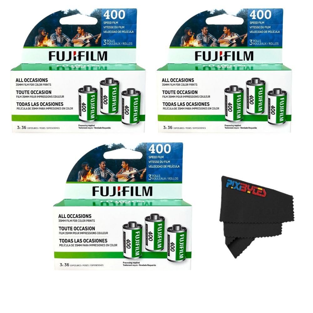 Fujifilm Fujicolor 400/200 ISO 35mm Color Film  3 Pack (36 Exposures Each) + PixiBytes Microfiber Cleaning Cloth Color Negative Film (400 Speed, 3 Packs (9 Rolls))