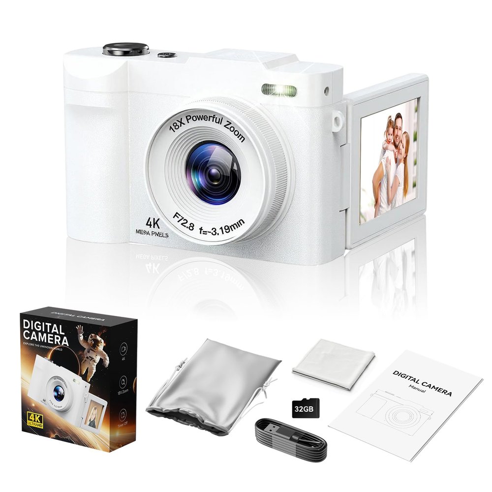 4K Digital Camera for Photography- 50MP Autofocus Vlogging Camera with 2.8" 180Flip Screen, 18X Digital Zoom- Compact Point and Shoot Camera with 32GB TF for YouTube, Travel, Beginners, White