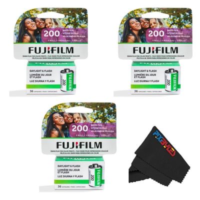 Fujifilm Fujicolor 400/200 ISO 35mm Color Film 3 Pack (36 Exposures Each) + PixiBytes Microfiber Cleaning Cloth Color Negative Film (200 Speed, 3 Single Roll)