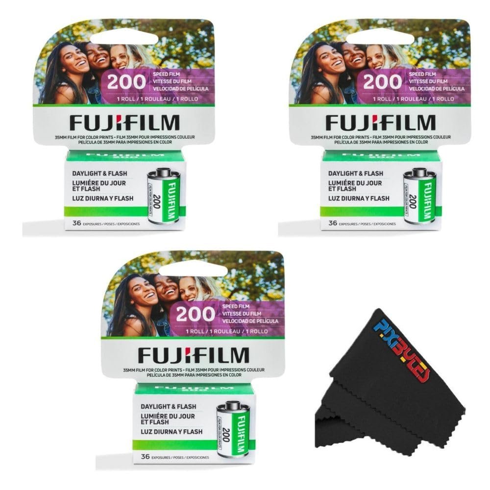 Fujifilm Fujicolor 400/200 ISO 35mm Color Film 3 Pack (36 Exposures Each) + PixiBytes Microfiber Cleaning Cloth Color Negative Film (200 Speed, 3 Single Roll)