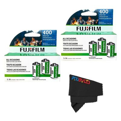 Fujifilm Fujicolor 400/200 ISO 35mm Color Film 3 Pack (36 Exposures Each) + PixiBytes Microfiber Cleaning Cloth Color Negative Film (400 Speed, 2 Packs (6 Rolls))