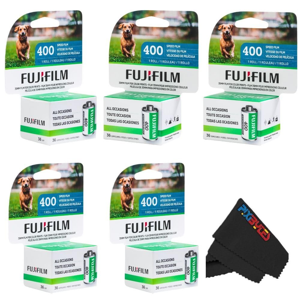 Fujifilm Fujicolor 400/200 ISO 35mm Color Film  3 Pack (36 Exposures Each) + PixiBytes Microfiber Cleaning Cloth Color Negative Film (400 Speed, 5 Single Roll)
