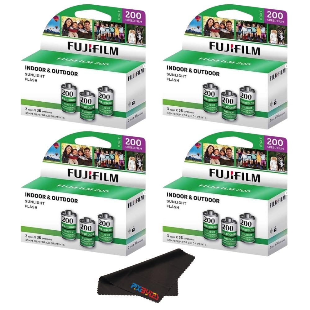 Fujifilm Fujicolor 400/200 ISO 35mm Color Film  3 Pack (36 Exposures Each) + PixiBytes Microfiber Cleaning Cloth Color Negative Film (200 Speed, 4 Packs (12 Rolls))