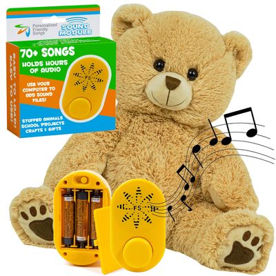 Friendly Songs 19 Plush Teddy Bear + MP3 Sound Module Bundle Soft Stuffed Animal with 2 Hour USB MP3 Playback Device for Custom Messages, Songs, and Stories