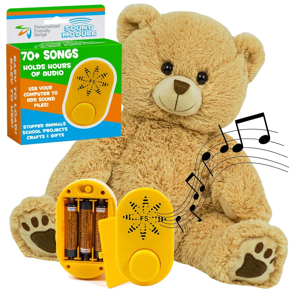 Friendly Songs 19 Plush Teddy Bear + MP3 Sound Module Bundle Soft Stuffed Animal with 2 Hour USB MP3 Playback Device for Custom Messages, Songs, and Stories