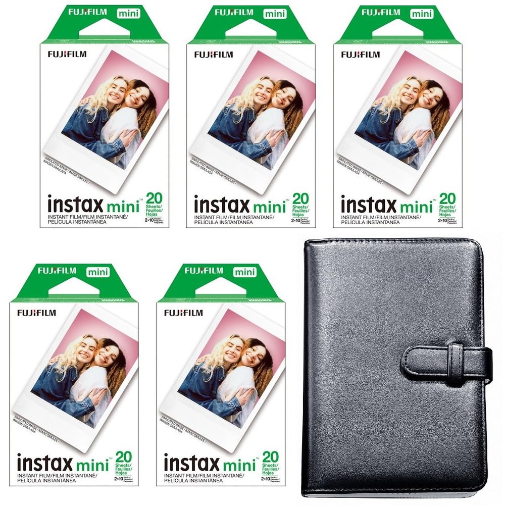 FUJIFILM Instax Mini Instant Film Bundle for Mini EVO, Mini 12, Mini 11, Mini Liplay and Mini 41 Cameras, Includes: Instant Mini Film and 108 Pocket Mini Instax Photo Album, Black (100 Exposures)