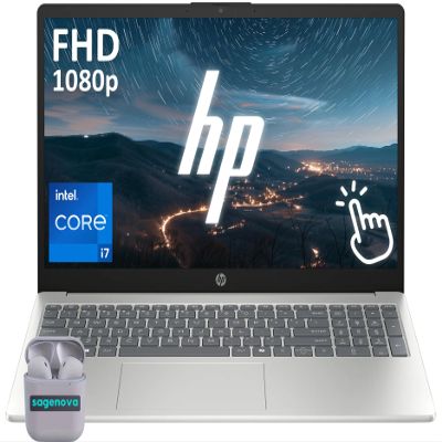 HP 15.6" Touchscreen Laptop Computer, Windows 11 Home 64GB RAM 2TB SSD, Intel Core i7-1355U, FHD IPS LED Display, Numeric Keypad, Camera Privacy Shutter, SageNova Earphones, Natural Silver