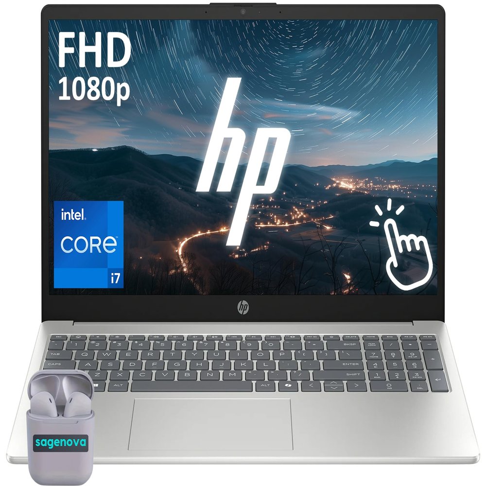 HP 15.6" Touchscreen Laptop Computer, Windows 11 Home 64GB RAM 2TB SSD, Intel Core i7-1355U, FHD IPS LED Display, Numeric Keypad, Camera Privacy Shutter, SageNova Earphones, Natural Silver