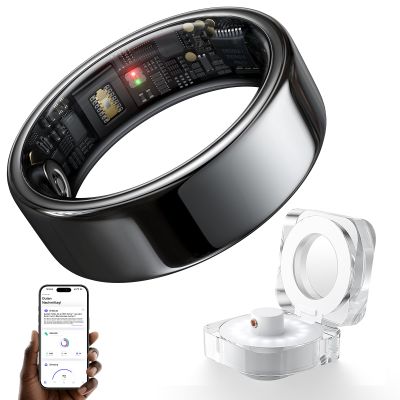 HOU AI Smart Ring, 24/7 Health & Sleep Tracker with AI Recovery Score, Heart Rate, SpO2 & Stress Monitor, 5ATM Waterproof Ceramic, Charging Case, iOS Android - Ceramic Black, Size 8