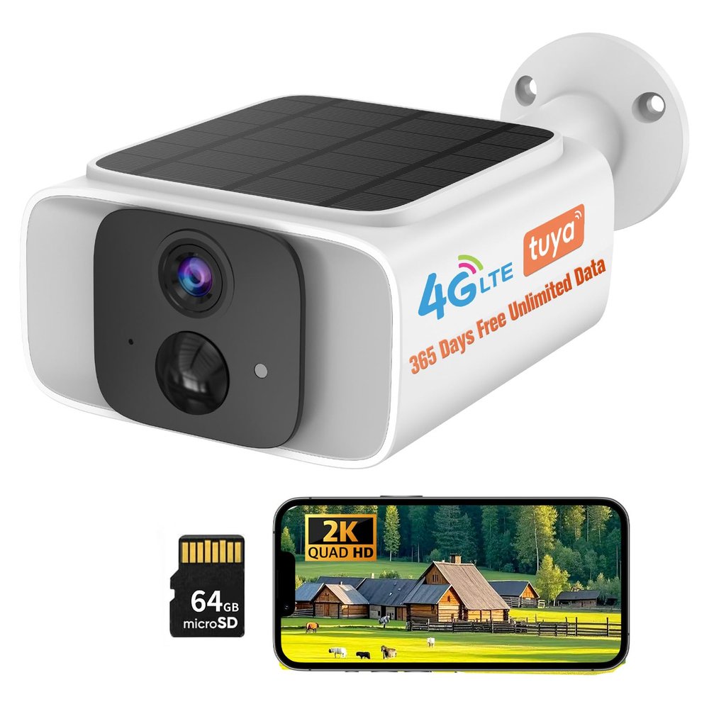 4G LTE Solar Cellular Security Camera Outdoor Wireless, No WiFi Security Camera, 365-Day Free Unlimited Data, PIR Motion Sensor, 2K Color Night Vision, 2 Way Talk, Built-in SIM & 64GB SD Card Included