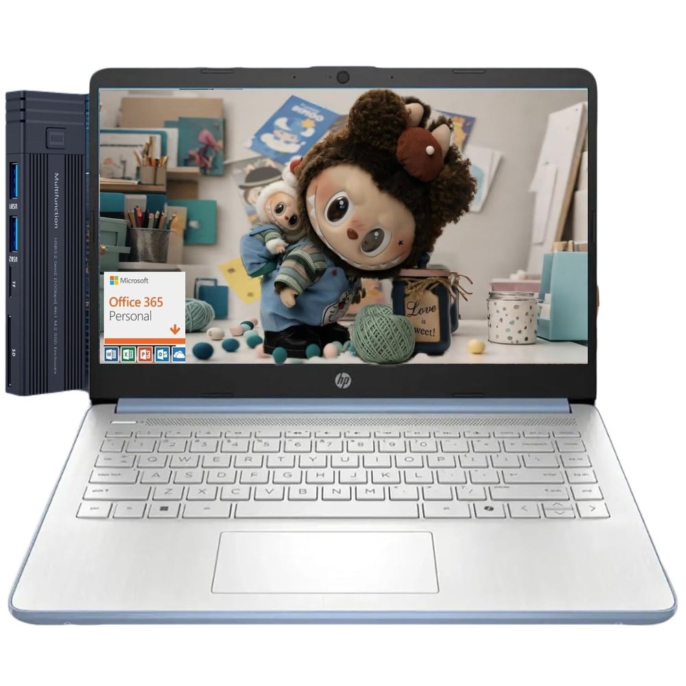HP 14" HD Laptop, Intel Processor N150, 8GB RAM 128GB UFS, Microsoft Office 365, 128gb 9H Docking Station, Webcam, HDMI, Wi-Fi 6, Bluetooth, Windows 11 Home, Sky Blue
