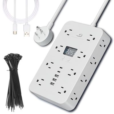 16 in 1 Power Strip Surge Protector with Switch & Surge Protection, 16 AC Outlets & 5 USB Ports (Type-C Included), Flat Plug Design for Home/Office/Travel Use (White, A-6.5FT)