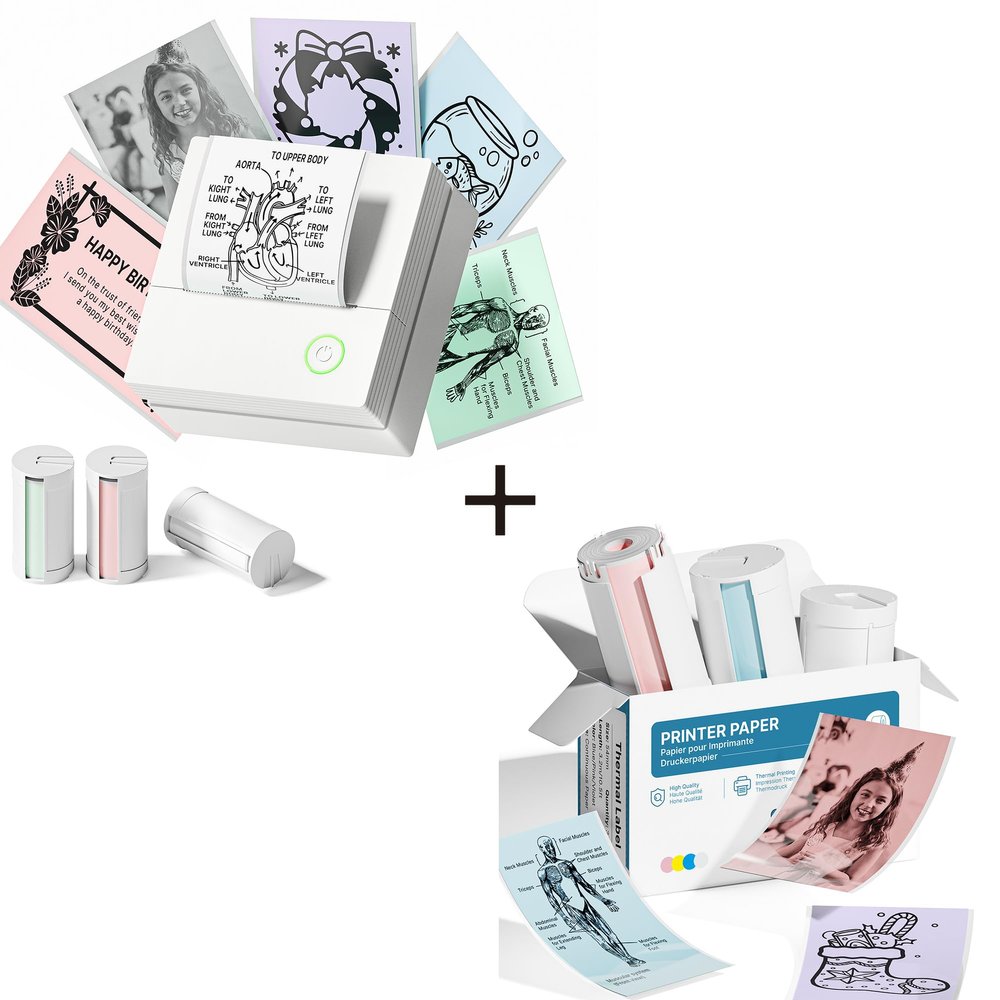 TYPONOS PM290 Sticker Printer (White), with Self-Adhesive 54mmx3.2m Thermal Sticker Paper for Printer (3 Rolls, Blue/Pink/Purple), Portable Sticker Printer Print Pod for Study Notes, Pictures, DIY Gif