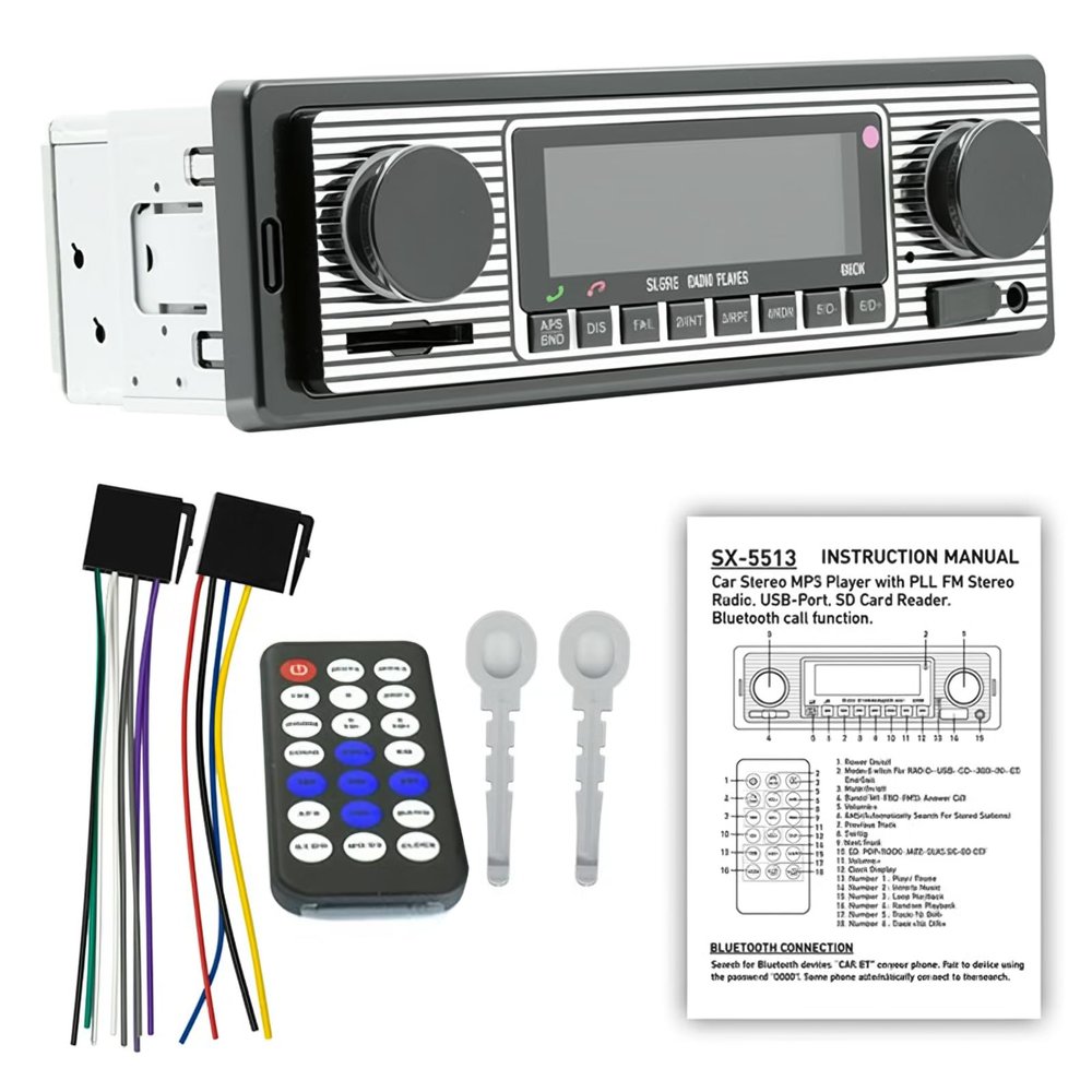 Classic Single Din Car Stereo with Bluetooth, Hands-Free Calling & Voice Control, FM Radio MP3 Player, USB/SD/AUX Port, Fast Charging, Includes Remote Control