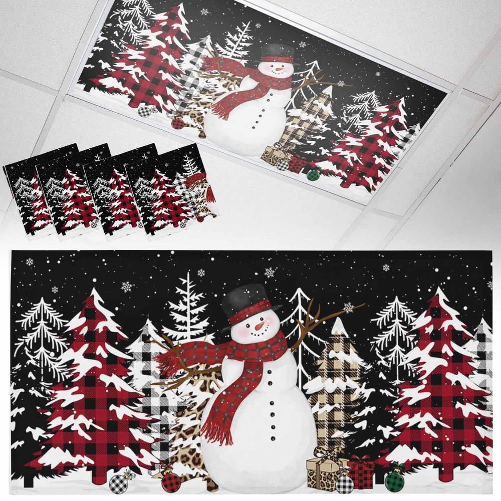 4 Pack Fluorescent Light Cover for Drop Ceiling 4 x 2 ft Classroom Magnetic Fluorescent Light Shade Merry Christmas Snowman Xmas Tree Black Background Drop Ceiling Supplies for Home Office School