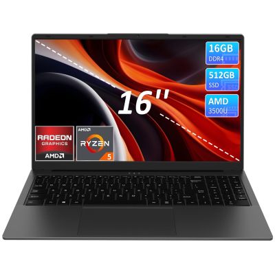 16" IPS FHD Laptop Computer, 16GB RAM 512GB SSD AMD Ryzen 5 3500U(4C/8T,2.0-3.7GHz) Radeon Vega 8 Student-Laptops with 2MP Webcam Fingerprint Backlit Keyboard Numpad for Office Home Study - Grey