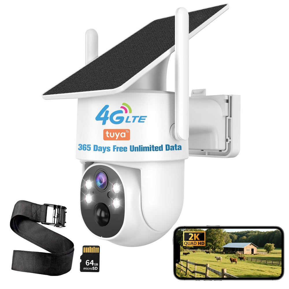 4G LTE Cellular Security Camera Outdoor, Wireless Solar Powered No WiFi Security Camera, 365-Day Free Unlimited Data, 2K 360Live View, PIR Motion Sensor, Color Night Vision, 2 Way Talk, Built-in SIM