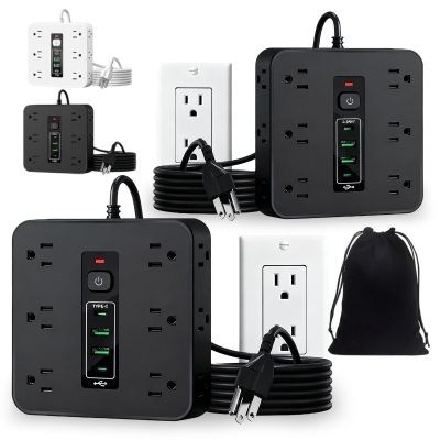 16-in-1 Power Strip with Switch & Surge Protection, 16 in 1 Power Strip Surge Protector, Portable Flat Plug Surge Protector Power Strips, 12 Ac Outlets,3 USB & 2 Type-C Ports,for Office Home (2*Black)
