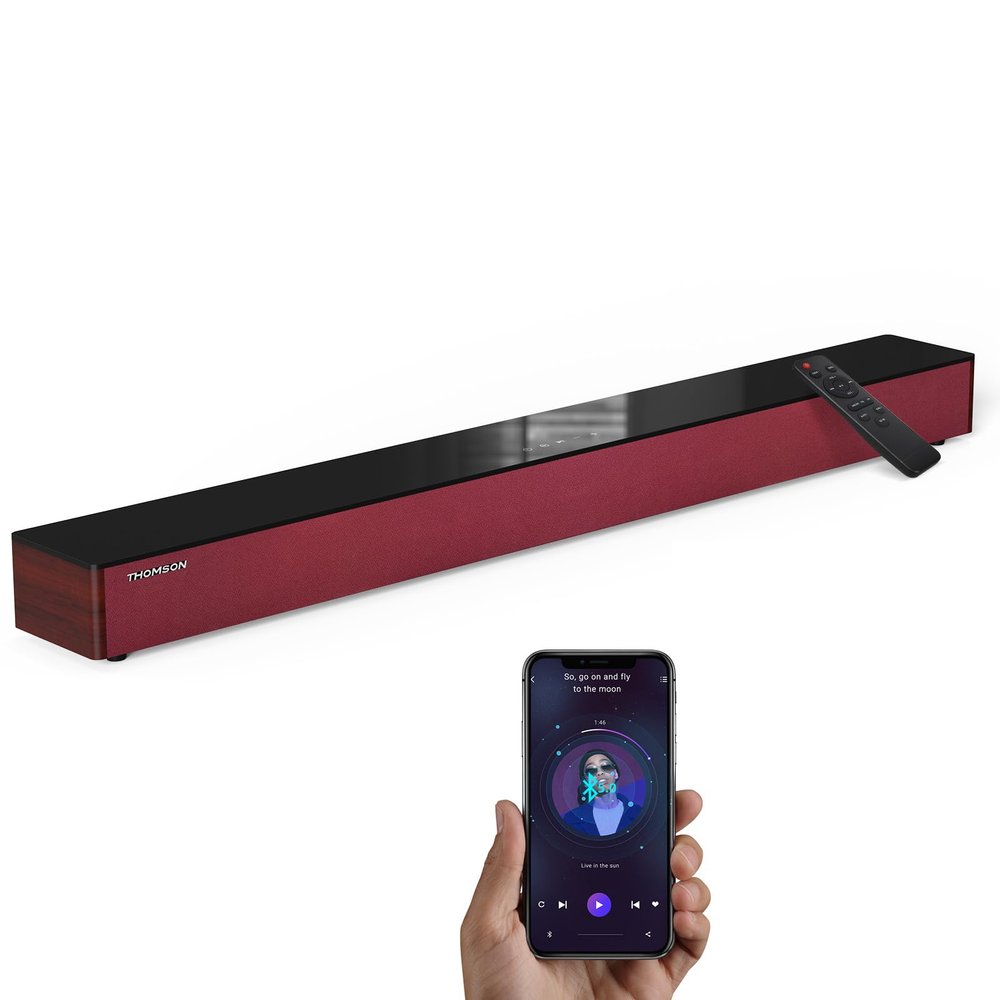 THOMSON Bluetooth 5.3 Sound Bars for Smart TV, Soundbar TV Speakers Home Theater Surround Soundbar for TV/PC/Gaming/Projectors, ARC/Optical/AUX/USB Connections with Remote (Red)