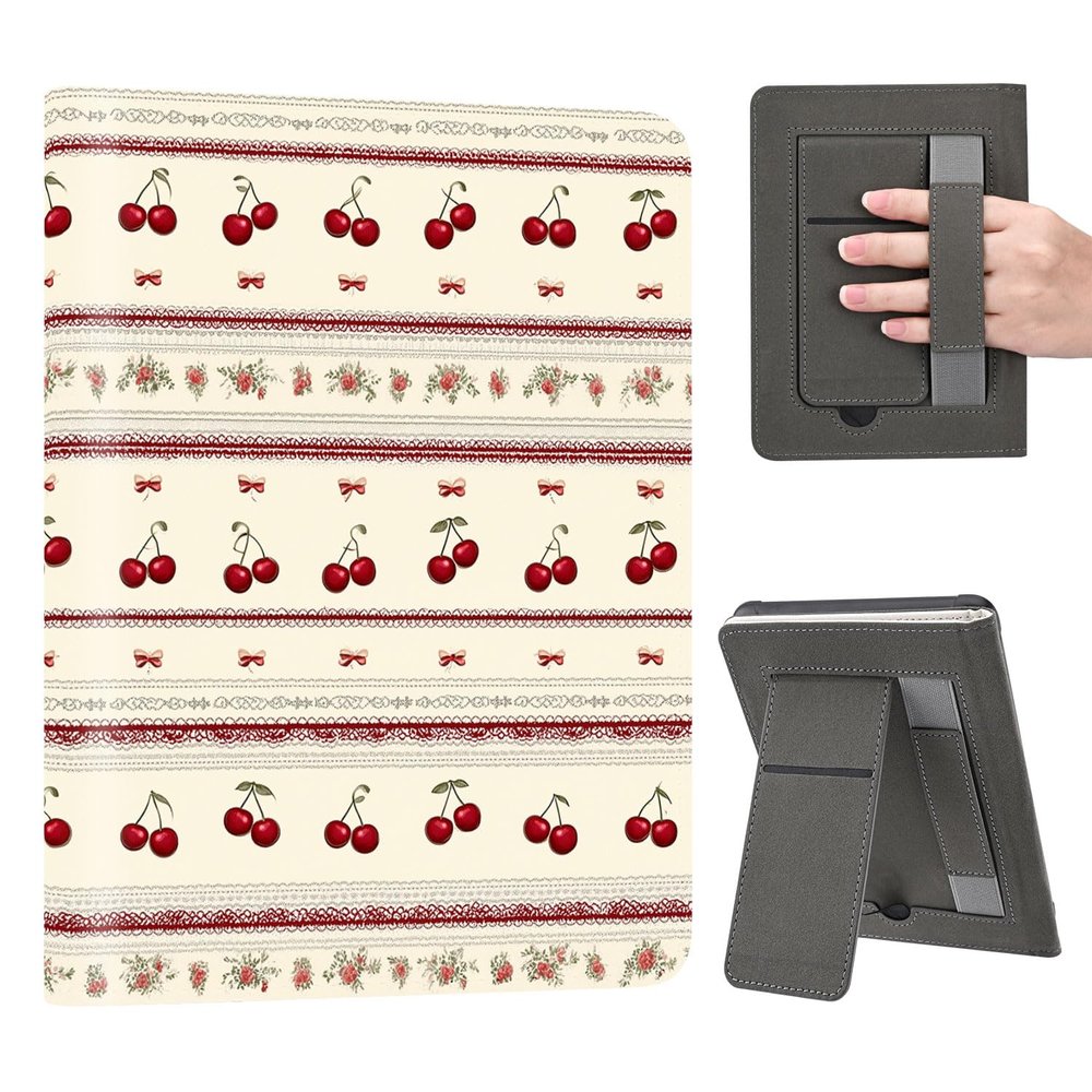 AdorableWhimsy for Kindle Paperwhite 12th Generation Case 7 Inch 2024 Release Cute Cherry & Flower Aesthetic Folio Cover with Stand & Hand Strap PU Leather Protective Case Auto Sleep/Wake for KPW6