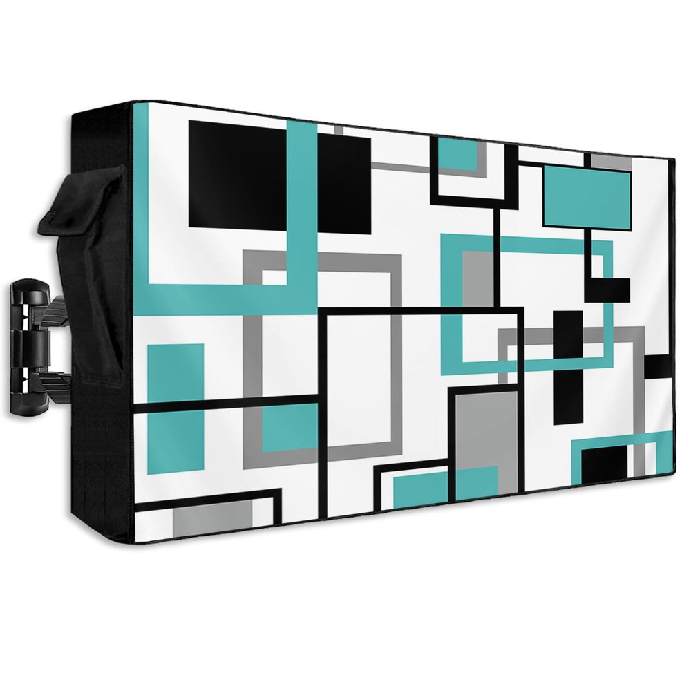 Outdoor TV Cover 70 to 75 Inch,Teal Abstract Geometric Retro Mid Century Waterproof Weatherproof Flat Screen Display Protector for Outside,Nordic Style Television Enclosure with Zipper