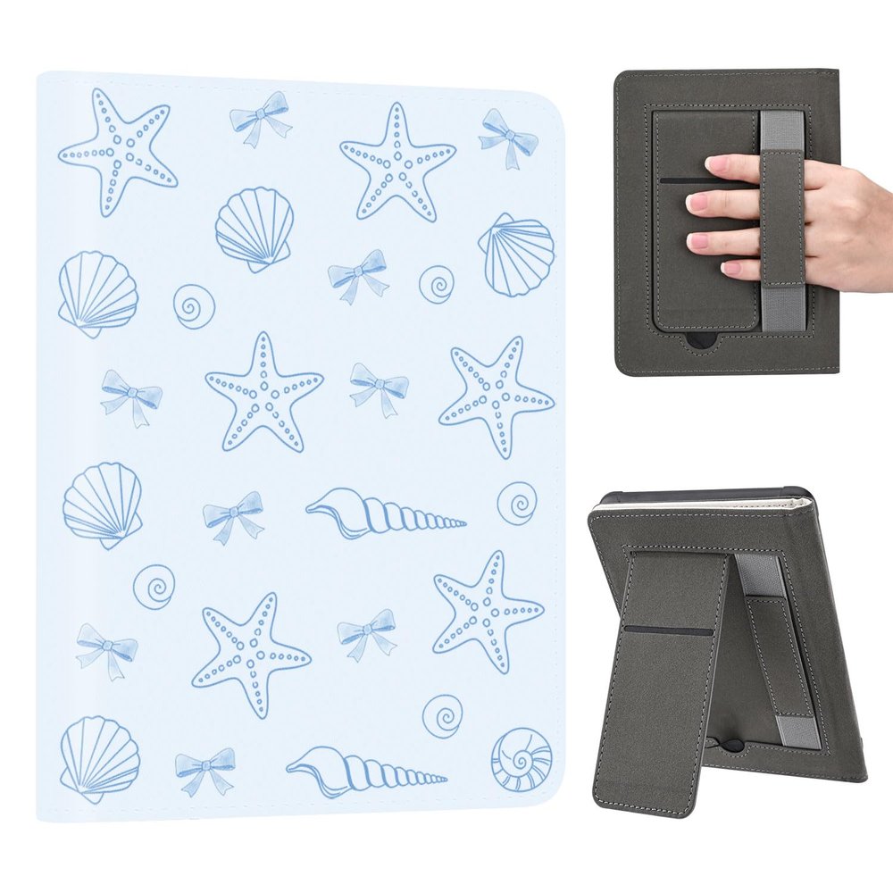 AdorableWhimsy for Kindle Paperwhite 12th Generation Case 7 Inch 2024 Release Cute Blue Seashell Starfish Design Folio Cover with Stand & Hand Strap PU Leather Protective Case Auto Sleep/Wake for KPW6