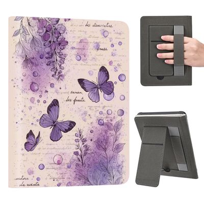 AdorableWhimsy for Kindle Paperwhite 12th Generation Case 7 Inch 2024 Release Vintage Purple Butterfly Aesthetic Folio Cover with Stand & Hand Strap PU Leather Protective Case Auto Sleep/Wake for KPW6