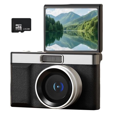 byepica Compact Flip Digital Camera, Hd, Memory Card 128G, Retro Design, 3.9 X 2.4 X 1.8 in (10 X 6 X 4.5 Cm), Portable Abs Point and Shoot Camera, for Black Selfies Perfect