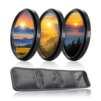 58mm Lens Filter Kit with Aluminum Alloy Frame, 3 Pack Multi-Layer Coating HD Optical Glass UV/CPL/ND8 Camera Filter Set with Three-Piece Storage Pouch for Travel Photography