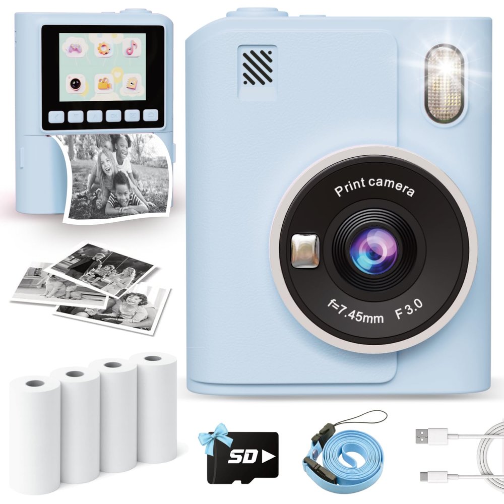 Instant Print Camera for Kids, 1080P Instant Digital Print Cameras for Toddler, Portable Toy for 4 5 6 7 8 9 10 Year Old Girl, Christmas Birthday Gifts for Girls Boys with SD Card Blue