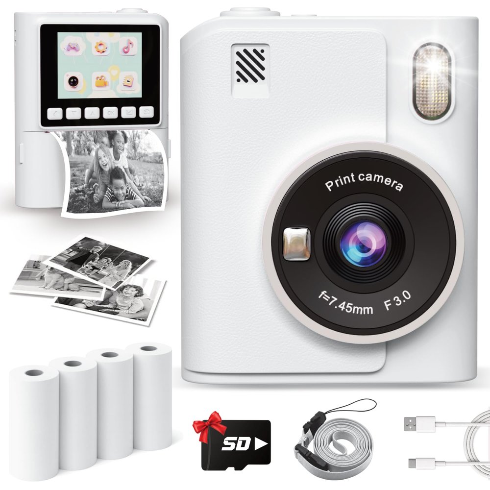 Instant Print Camera for Kids, 1080P Instant Digital Print Cameras for Toddler, Portable Toy for 4 5 6 7 8 9 10 Year Old Girl, Christmas Birthday Gifts for Girls Boys with SD Card White