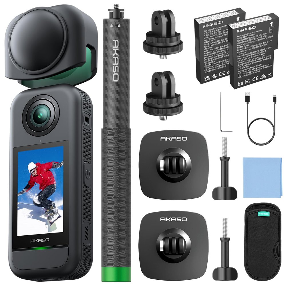AKASO 360 Weatherproof 360 Action Camera - 5.7K 360 Video with 1/2" 48MP Sensors, 72MP 360 Photo, 360-SuperSmooth, Invisible Selfie Stick, 360 Horizon Lock, AI Tracking Snow Adventure Combo