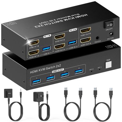 4K HDMI KVM Switch Dual Monitor 2 Computers 4K@60Hz KVM Switcher 2 PC 2 Monitors with 4 USB 3.0 Port Wired Remote 12V Power Adapter and USB 3.0 Cables Support Extended Display for Keyboard Mouse