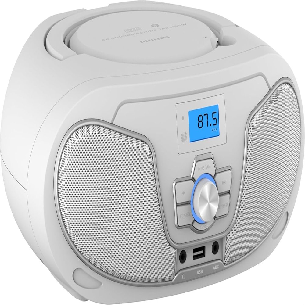 Philips CD Player Boombox, Dynamic Bass Boost with Bluetooth, FM Radio, USB Playback & AUX Input, Portable Top-Loading Boombox, Clear Stereo, RW/MP3 Compatible (White)