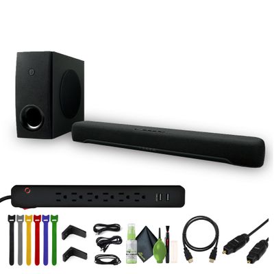 Yamaha SR-C30A 90W 2.1-Channel Soundbar System + 6-Outlet 2 USB 400 Joule Surge Protector, Black + Cleaning kit + HDMI Cable Gold Plated 6FT + More
