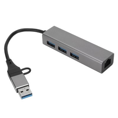 USB3.0 Hub 4 Port with RJ45 Gigabit Ethernet, Aluminum y USB C to RJ45 A, 5Gbps Data Transfer, Plug and Play USB Docking Station for OS X, Silver Gray