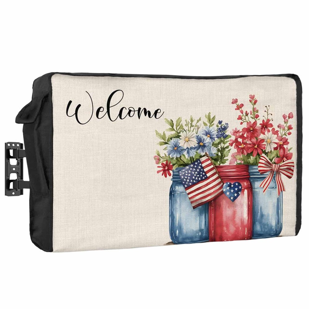 4th of July Outdoor TV Cover 70"-75" Waterproof & Weatherproof TV Cover for Outside 600D Thick TVs Enclosure Spring Floral Red US Flag Rustic Independence Day Flat Television Display Screen Protector