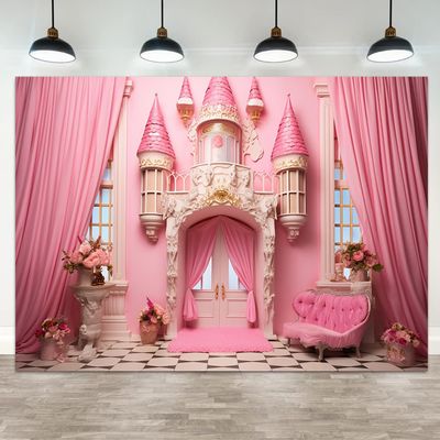 ASDCXZ 20x10ft Pink Castle Backdrop Room Door Curtain Photography Background Flowers Vases Sofa Princess Girl Birthday Banner Decorations Newborn Baby Shower Wedding Party Portrait Photo Booth Prop