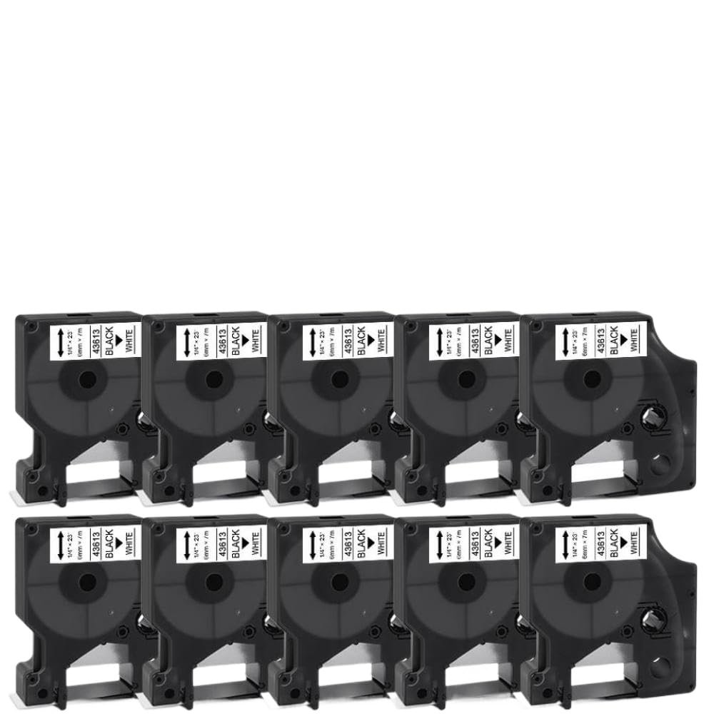 10PK 6mm 43613 Black On White Compatible with D1 Tapes 43613 Label Cassette Ribbon Compatible with 450 Duo Labeller Universal Fit Third Party Replacement