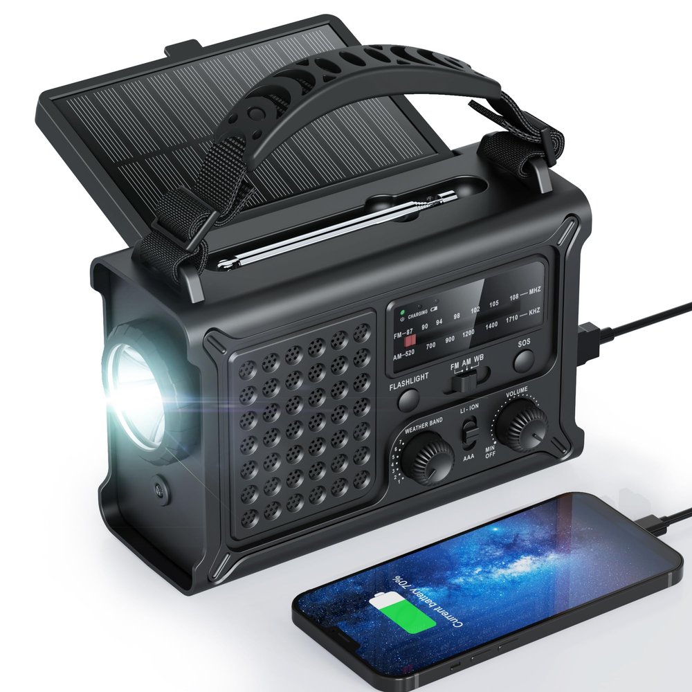 Raynic 12000mAh Emergency Weather Radio, AM/FM/NOAA Solar Hand Crank Radio with 2X Panel, USB & USB-C Charging, LED Flashlight, Reading Light & SOS for Power Outages, Hurricane, Storms, Camping