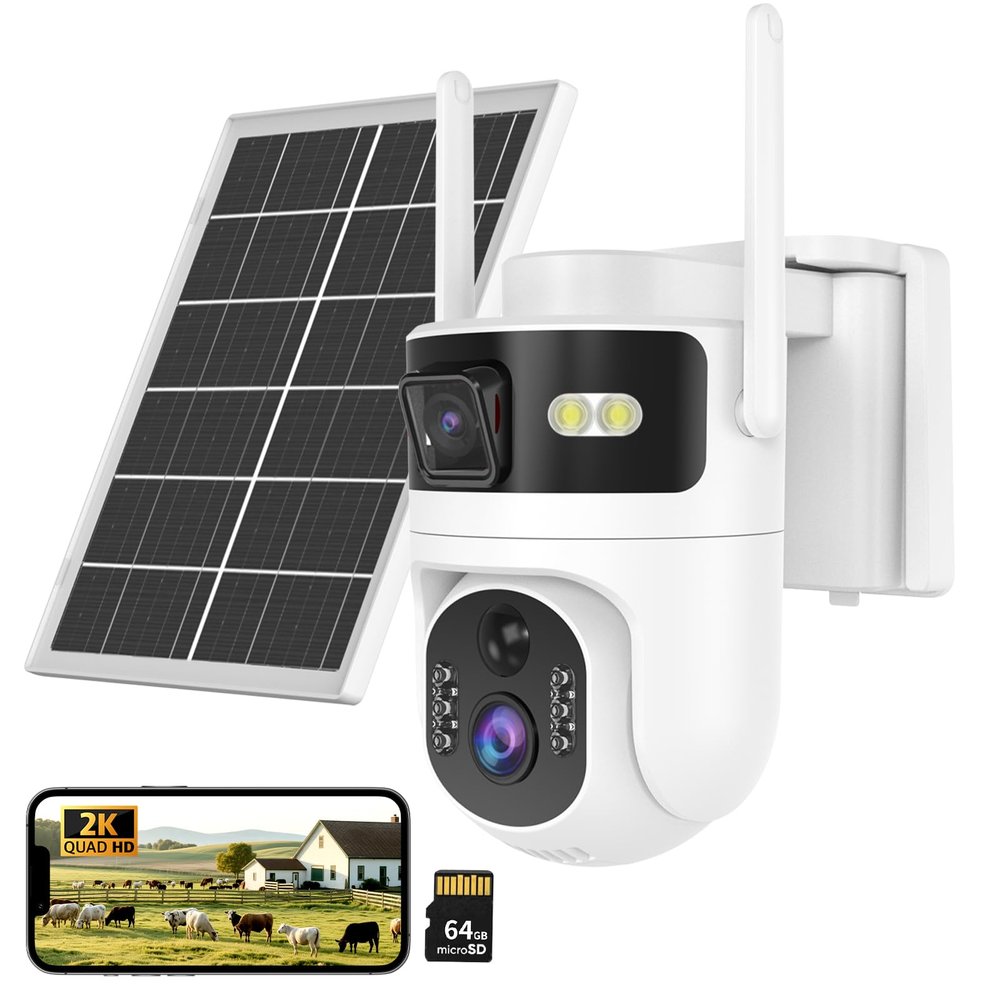 4G LTE Cellular Security Dual Lens Cameras Outdoor, Wireless Solar Security Camera, 365-Day Free Unlimited Data, 2K 360Live View, PIR Motion Sensor, Color Night Vision, 2 Way Talk, Built-in SIM