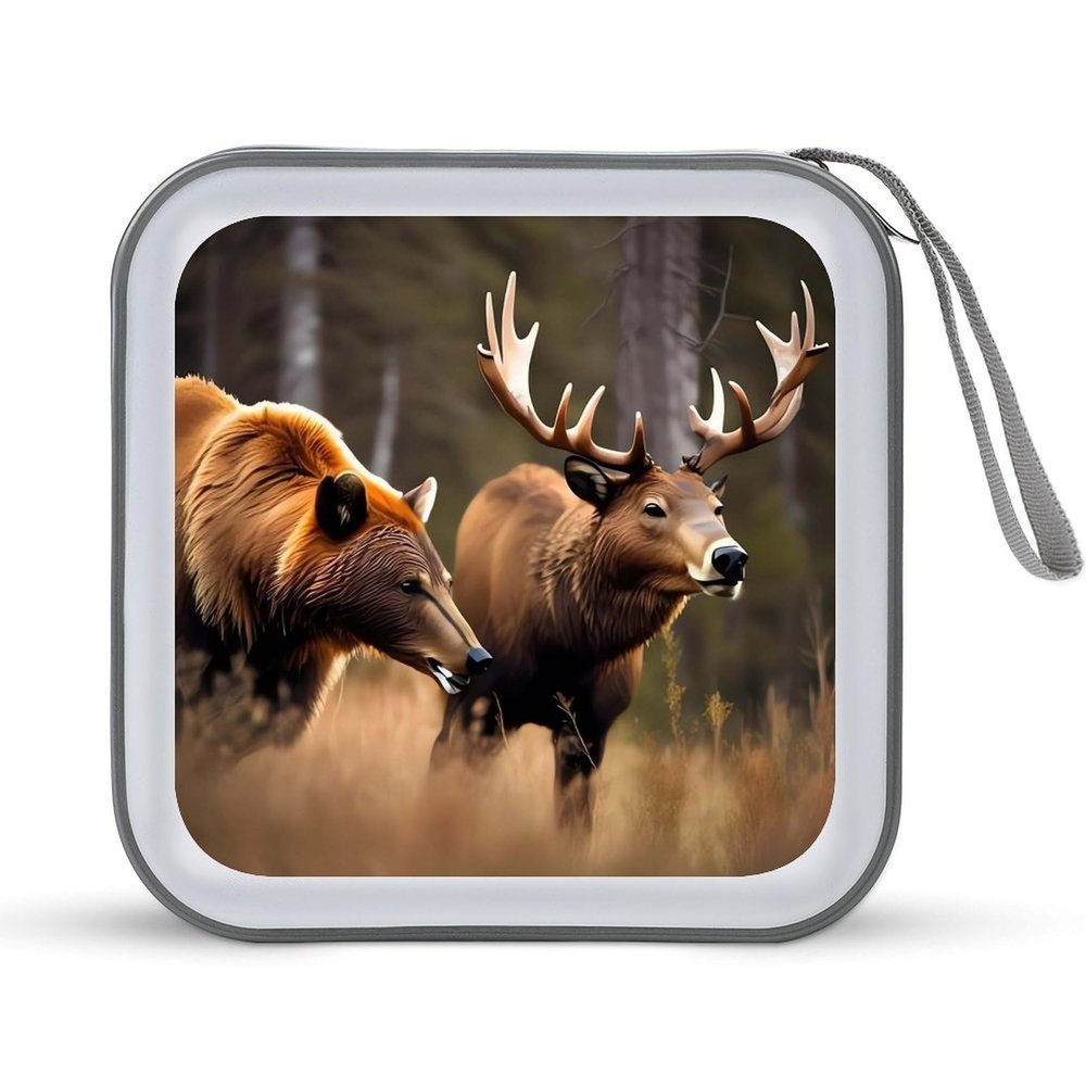 QMNLKH CD Case 40 Capacity Hard Plastic DVD Case Holders Wildlife Hunting Deer Bear Elk Disc Cases Torage Binder Wallet for Car Home Travel