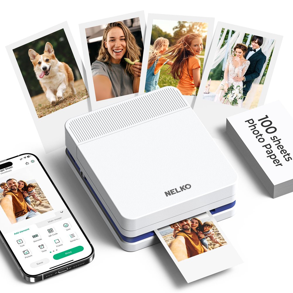 Nelko Portable Photo Printer, PP03 Color Mini Photo Printer with Smart AI APP for iPhone & Android, with 100 Sheets of Photo Paper, AI Bluetooth Picture Printer for Christmas, Family, Travel, White