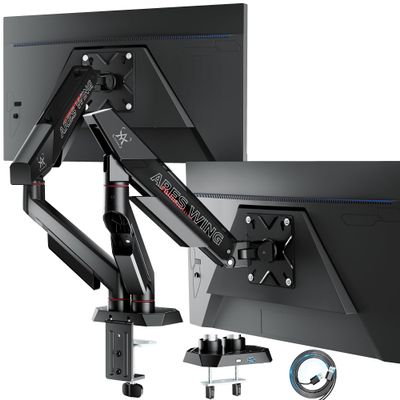 ARES WING Heavy Duty Dual Monitor Arm, Fully Adjustable Monitor Mount for 17-35 Inch Flat Curved Ultrawide Screens Up to 26.5lbs with USB A/C, C-Clamp & Grommet Base, 75/100 Vesa Mount, Black
