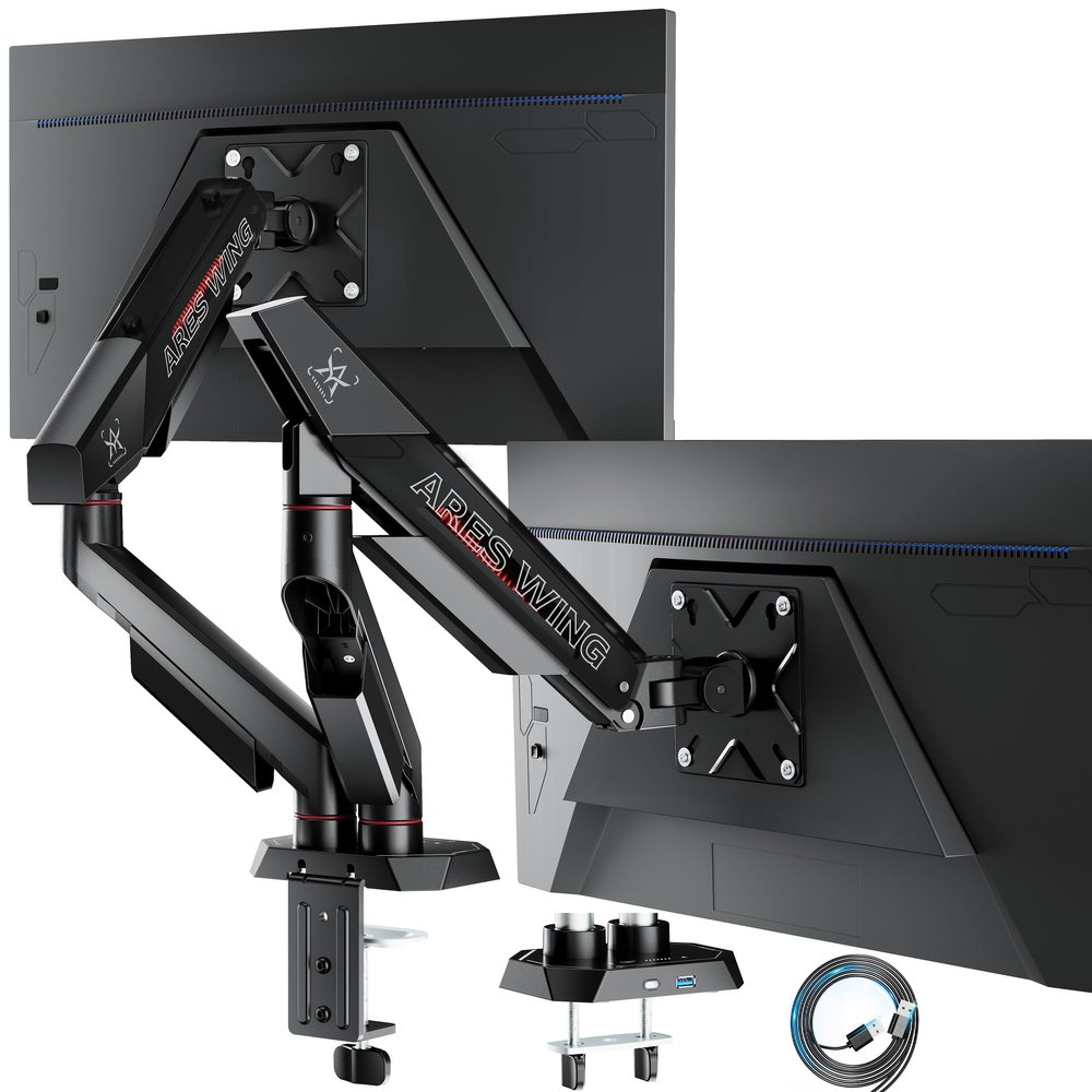 ARES WING Heavy Duty Dual Monitor Arm, Fully Adjustable Monitor Mount for 17-35 Inch Flat Curved Ultrawide Screens Up to 26.5lbs with USB A/C, C-Clamp & Grommet Base, 75/100 Vesa Mount, Black