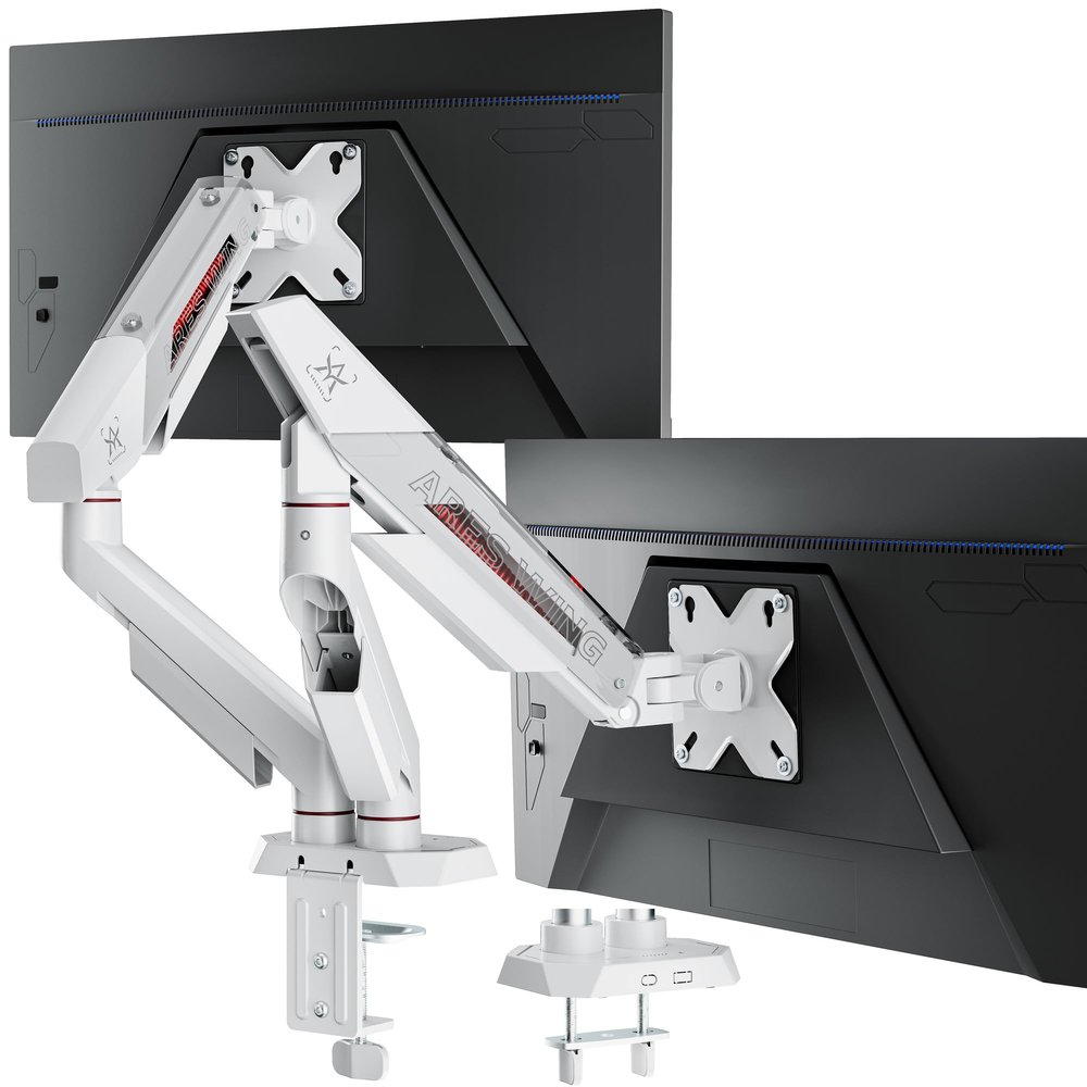ARES WING Dual Monitor Arm for 17-35 Inch Flat Curved Ultrawide Screens Up to 26.5lbs, Fully Adjustable Dual Monitor Mount, C-Clamp & Grommet Base, 75/100 Vesa Mount, White