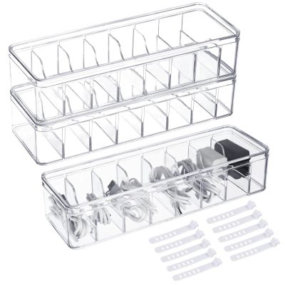3 Pcs Clear Cord Organizer Boxes with Lids & Detachable Dividers, Cable Storage Boxes with 10 Cable Ties, Transparent Electronics Charger Storage for Home Office