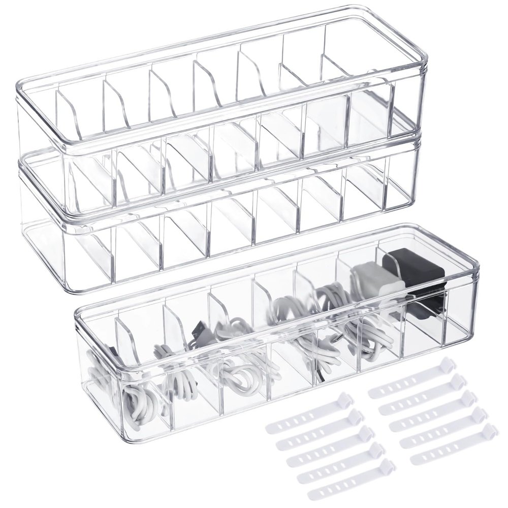 3 Pcs Clear Cord Organizer Boxes with Lids & Detachable Dividers, Cable Storage Boxes with 10 Cable Ties, Transparent Electronics Charger Storage for Home Office